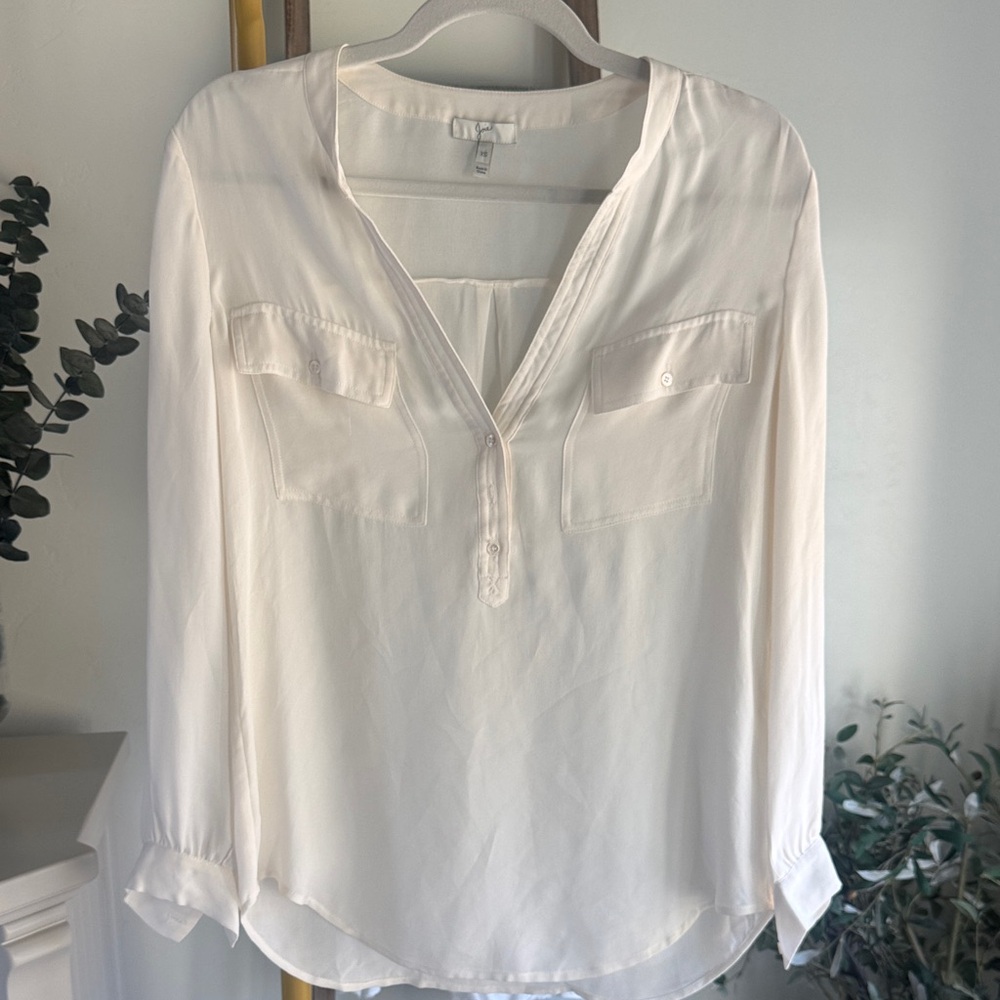 100% Silk Joie Cream V-Neck Pocket Blouse